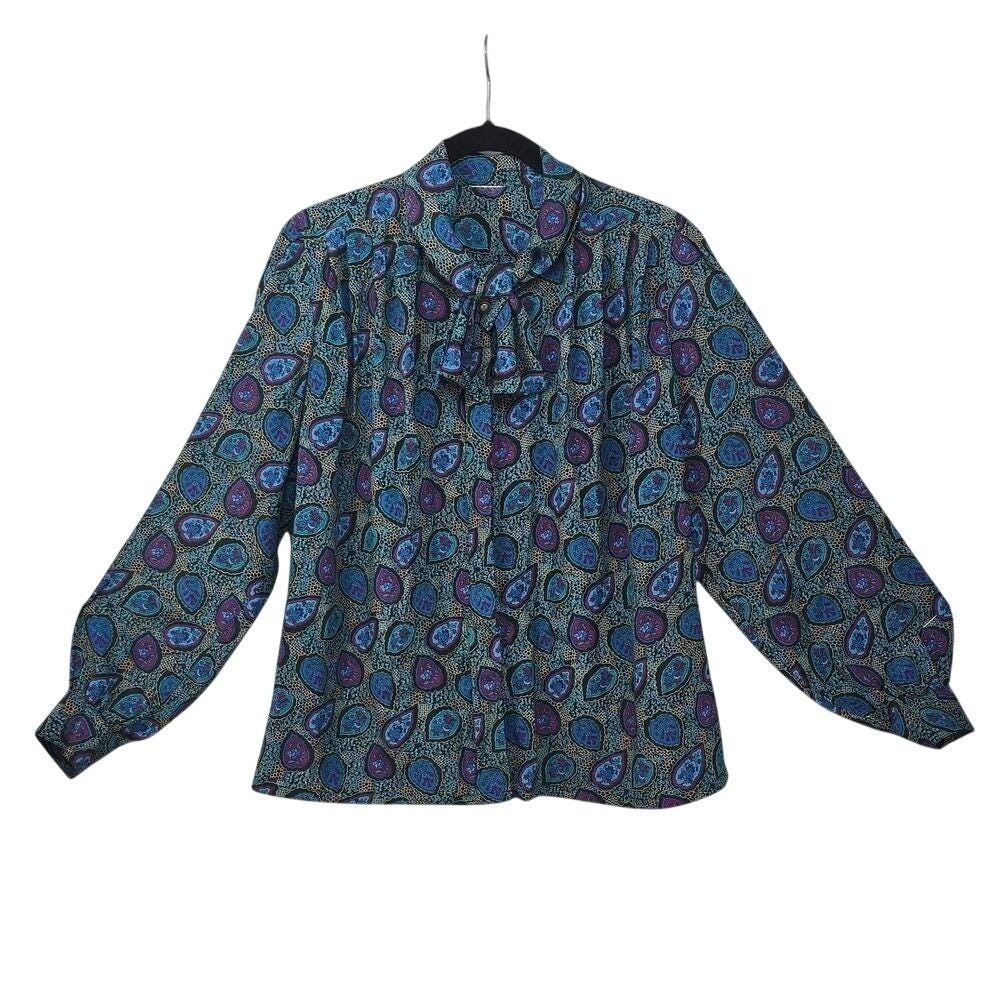 Vintage Teal Purple Paisley Blouse Long Sleeve Button Up Secretary Top Medium?